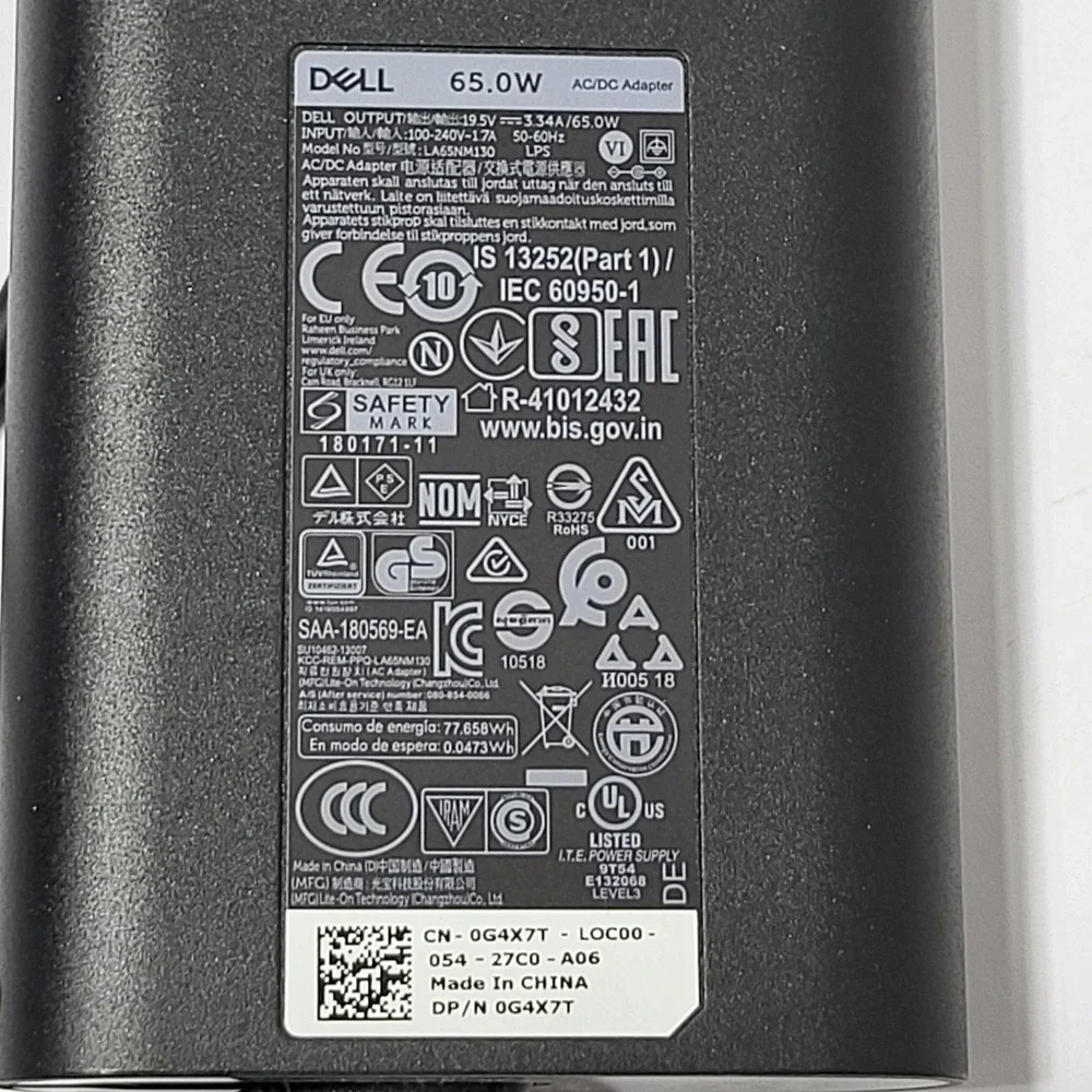 Dell 65W‎ AC Adapter Laptop Charger 19.5V 3.34A LA65NM130 0G4X7T Black